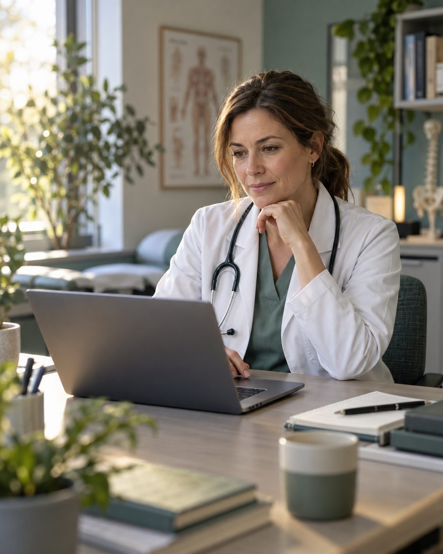 Médica a rever informação no portátil, no consultório