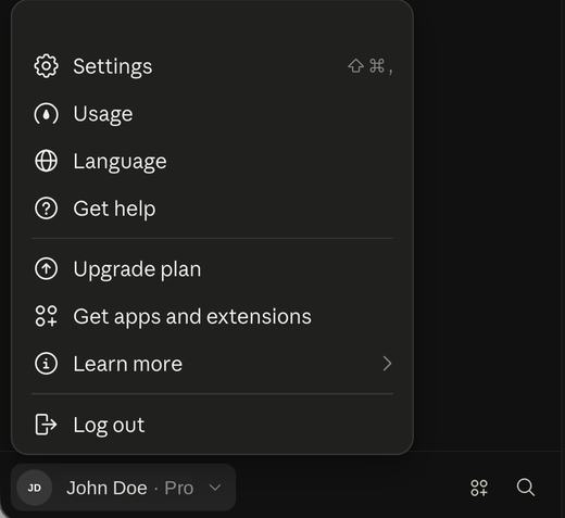 Menu da conta do Claude